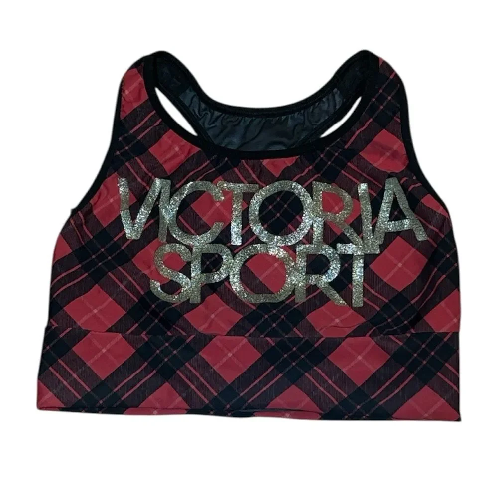 Victoria Sport Red Plaid Sports Bra, Lined, Small